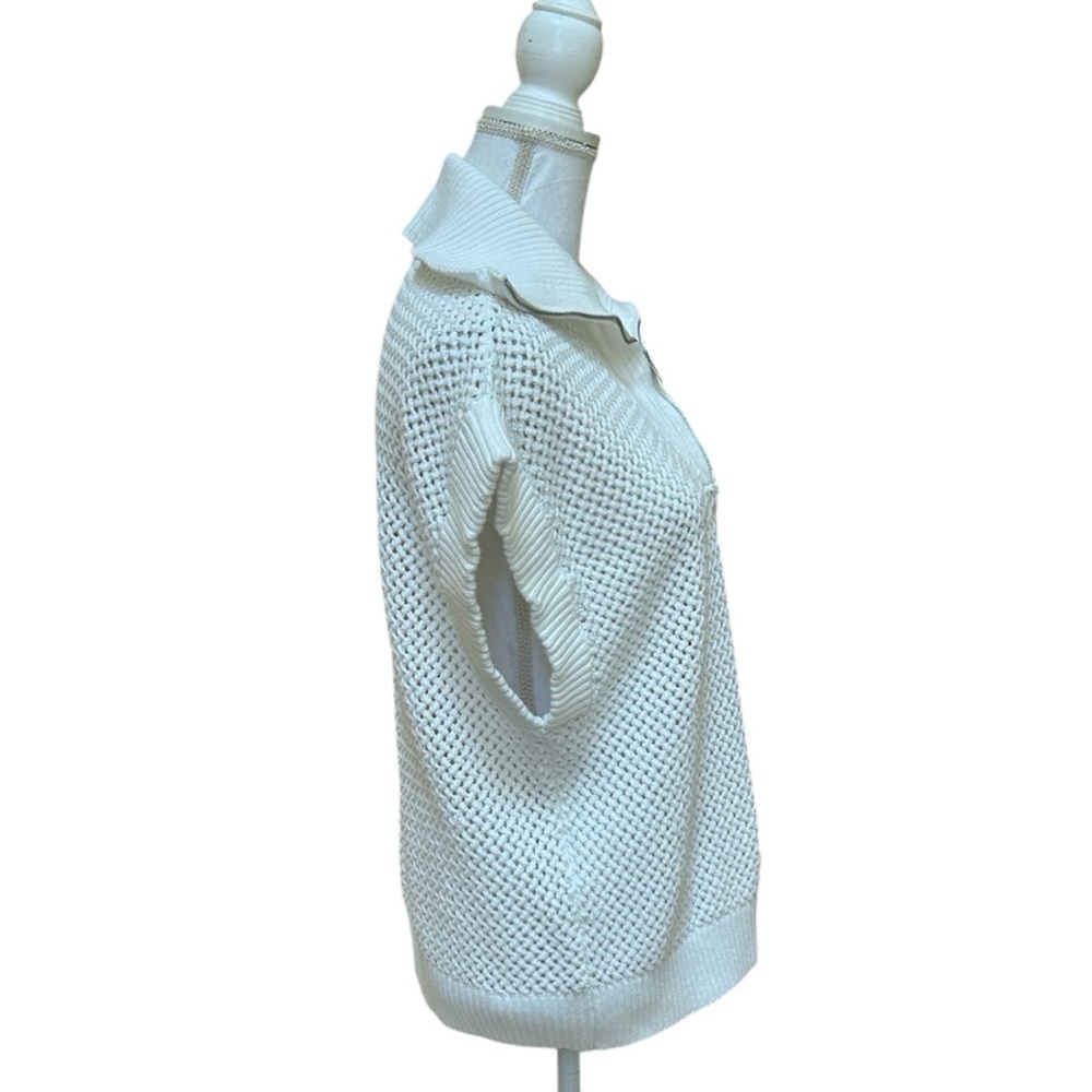 Scotch & Soda Women White Crochet Knit 1/4 Zip Cap Sleeve Sweater Sugar Sizzle L - Picture 7 of 16